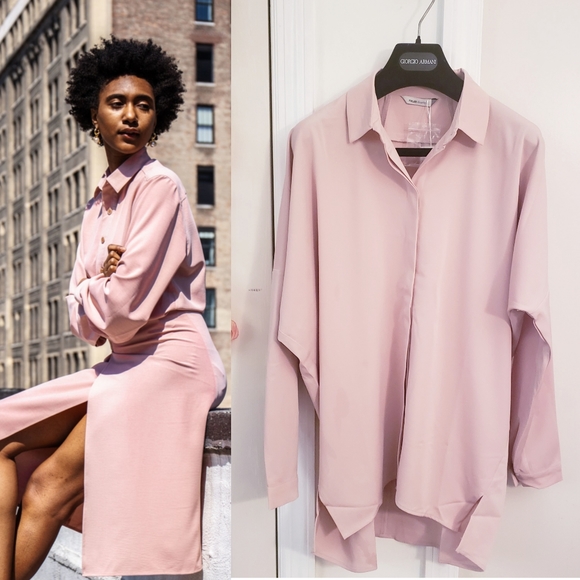 New Anthro MAUDE VIVANTE Nude Oversize Oxford Top Button Down Collared - Picture 4 of 9